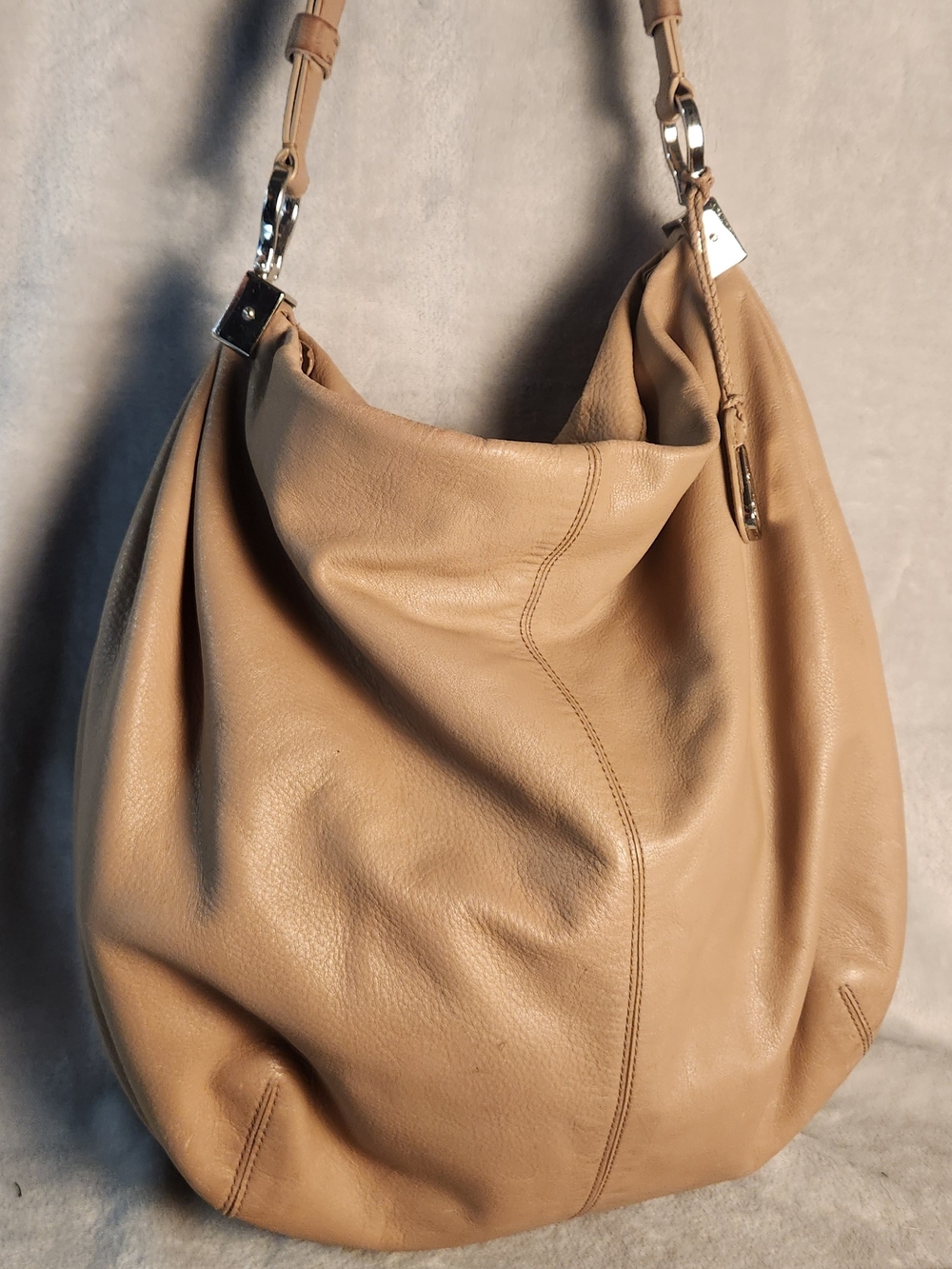 Cole Haan Beige Lambskin Leather Slouchy Hobo Bag Silver Hardware